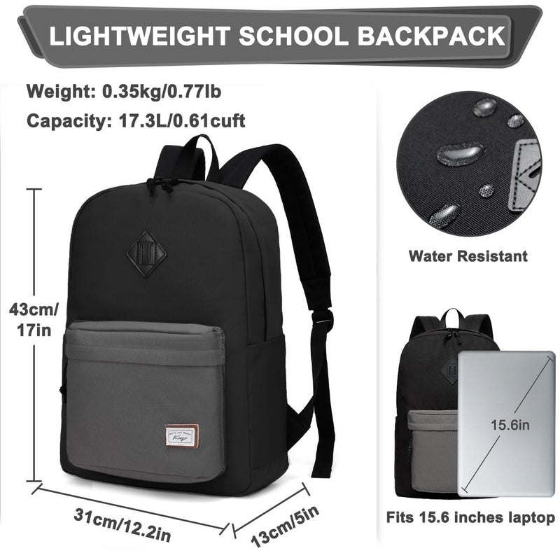 Kasqo Lightweight School Backpack, Water-Resistant Casual College Bookbag for Men Women Teen Girls Boys, Black and Gray - Image 2